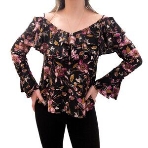 BP Nordstrom Floral Print Cold Shoulder Cami Top Ruffle Black Purple XXS